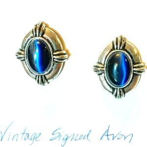 Vtg. Avon Blue Tigers Eye Cabochon Earrings